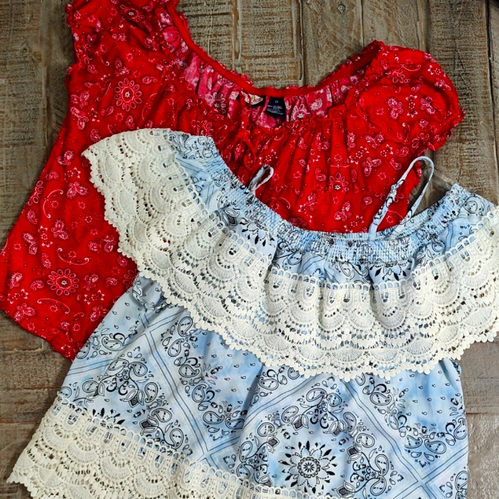 Bandana print. Two For One! Red Top and Blue Top with Lace Detail